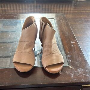 Miz Mooz Tan Peep-Toe Mules